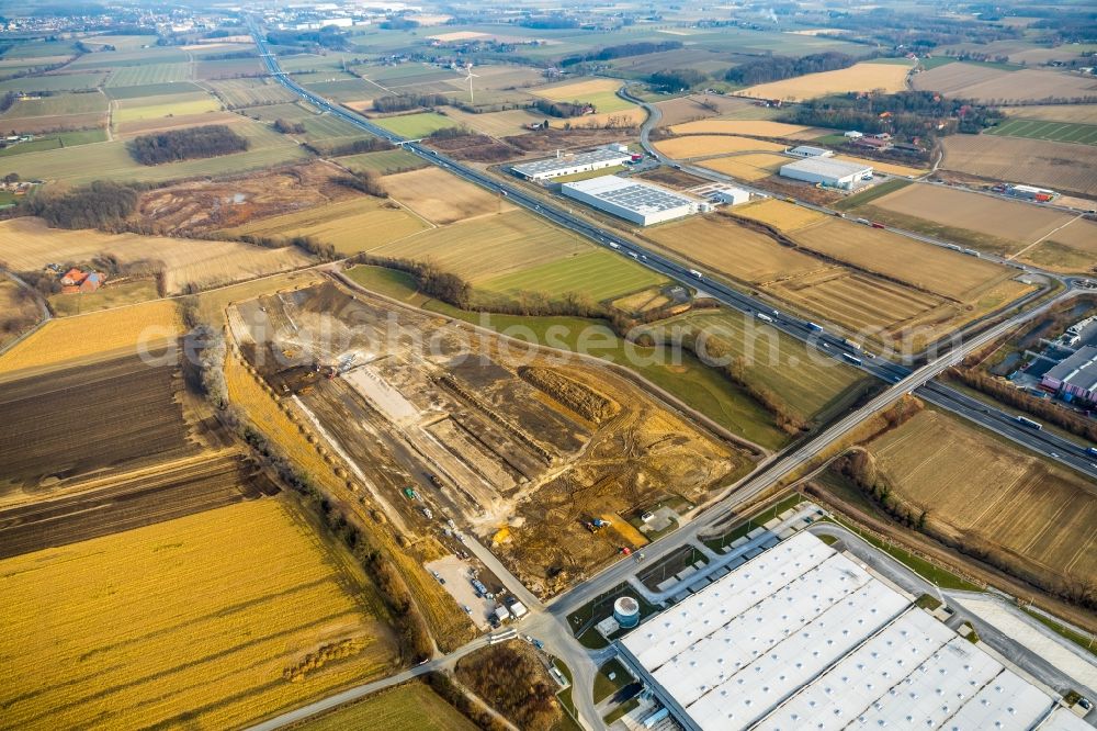 Hamm from the bird's eye view: Construction site to build a new building complex on the site of the logistics center of DPD Deutschland GmbH on Osterboenener Weg in Hamm in the state North Rhine-Westphalia, Germany