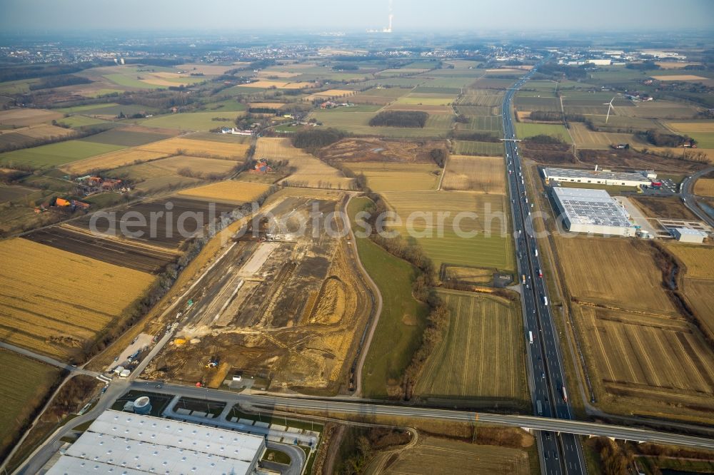 Aerial photograph Hamm - Construction site to build a new building complex on the site of the logistics center of DPD Deutschland GmbH on Osterboenener Weg in Hamm in the state North Rhine-Westphalia, Germany