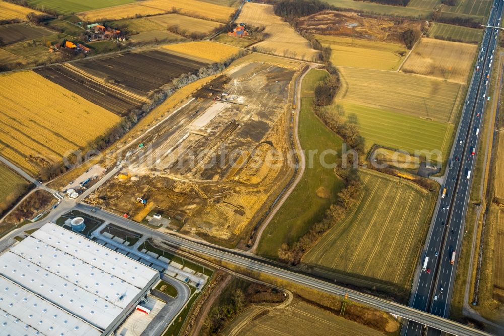 Hamm from above - Construction site to build a new building complex on the site of the logistics center of DPD Deutschland GmbH on Osterboenener Weg in Hamm in the state North Rhine-Westphalia, Germany