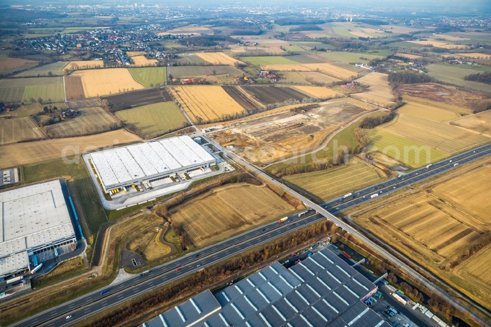 Hamm from the bird's eye view: Construction site to build a new building complex on the site of the logistics center of DPD Deutschland GmbH on Osterboenener Weg in Hamm in the state North Rhine-Westphalia, Germany