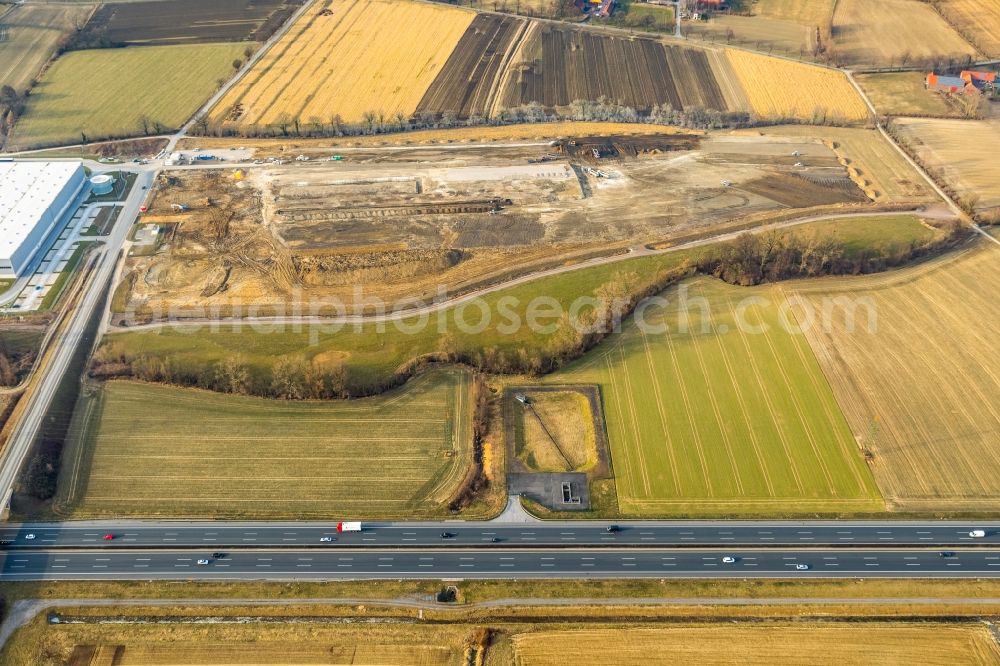 Aerial photograph Hamm - Construction site to build a new building complex on the site of the logistics center of DPD Deutschland GmbH on Osterboenener Weg in Hamm in the state North Rhine-Westphalia, Germany