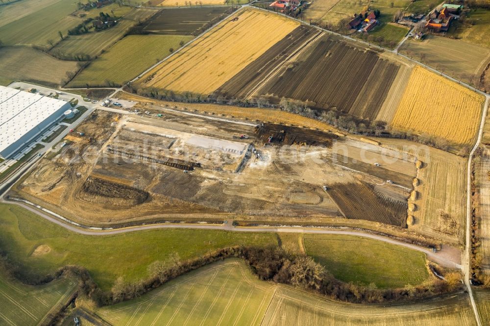 Hamm from above - Construction site to build a new building complex on the site of the logistics center of DPD Deutschland GmbH on Osterboenener Weg in Hamm in the state North Rhine-Westphalia, Germany