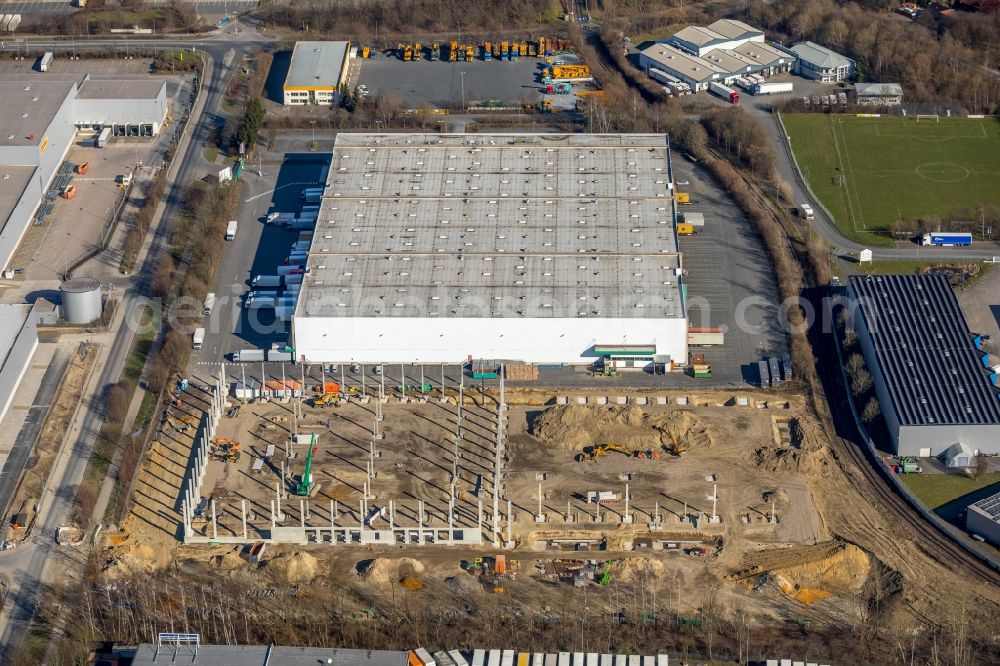 Unna from the bird's eye view: Construction site to build a new building complex on the site of the logistics center on Formerstrasse in the district Alte Heide in Unna in the state North Rhine-Westphalia, Germany