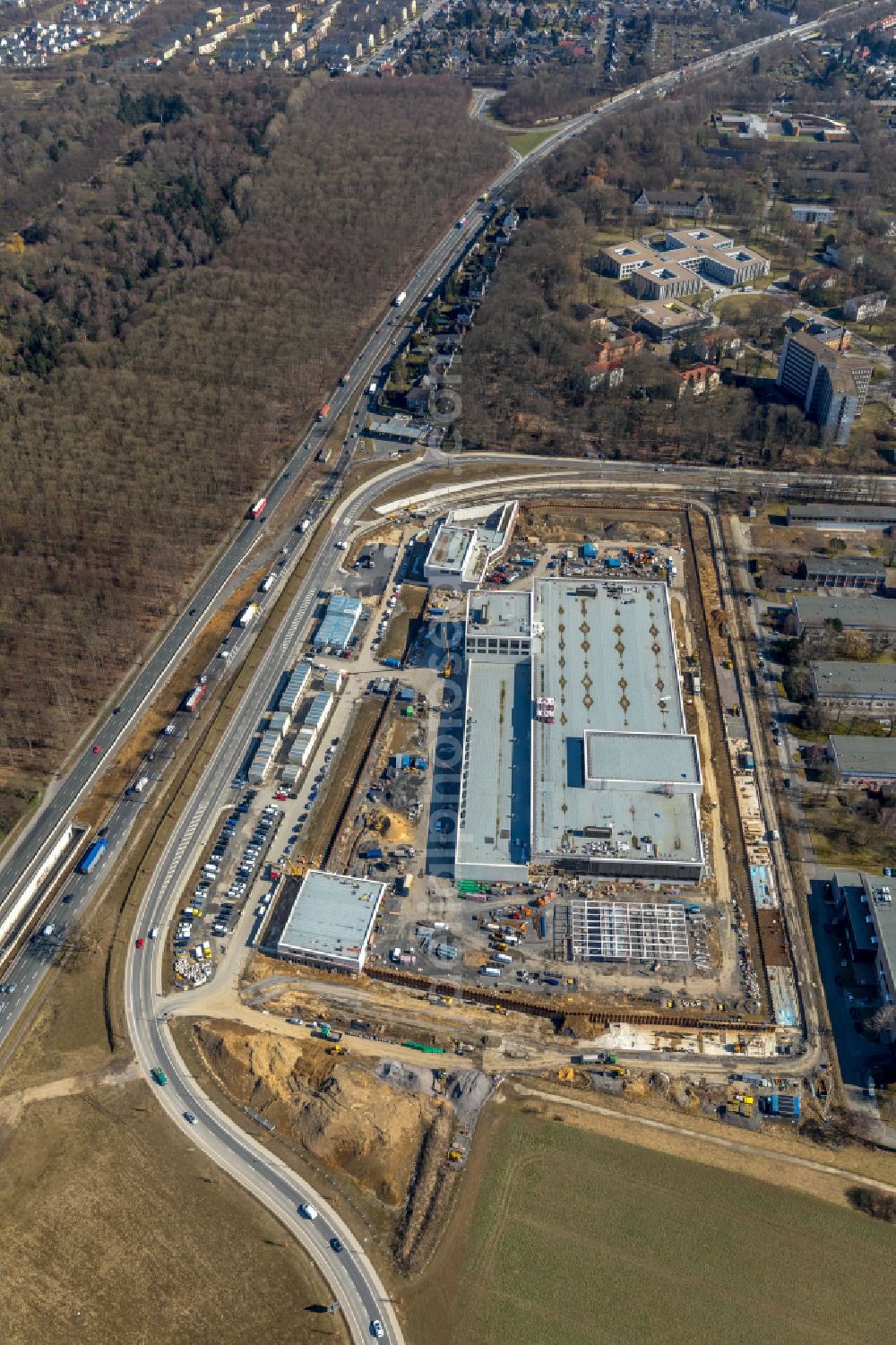 Dortmund from the bird's eye view: Construction site to build a new building complex on the site of the logistics center money store of the Deutschen Bundesbank in Dortmund at Ruhrgebiet in the state North Rhine-Westphalia