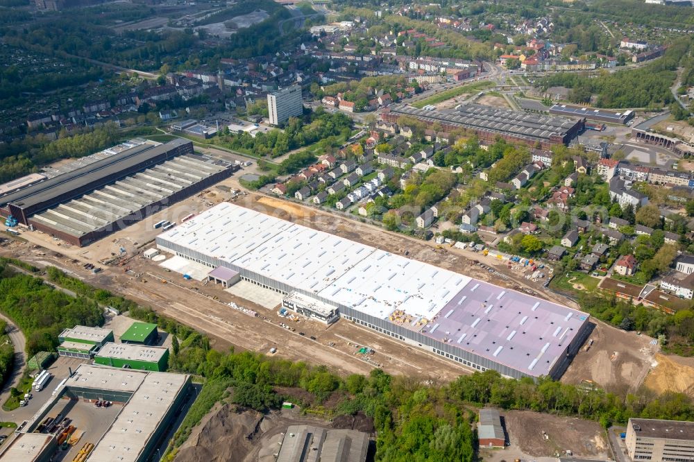 Bochum from the bird's eye view: Construction site of DSV A/S to build a new building complex on the site of the logistics center for the Logistikzentrums for the dm-drogerie markt GmbH + Co. KG in Bochum in the state North Rhine-Westphalia