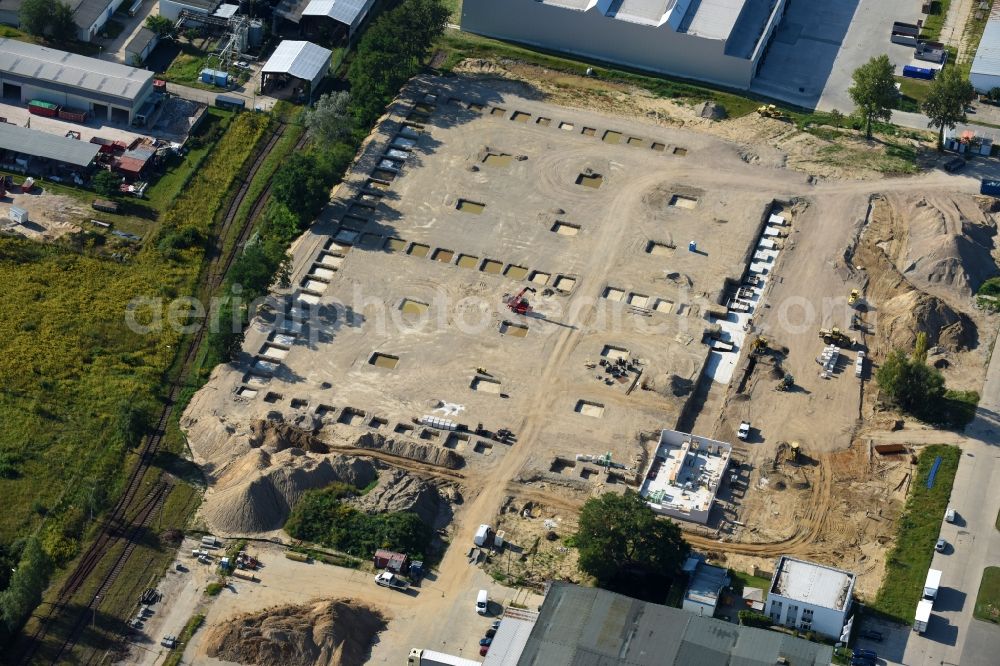 Hoppegarten from above - Construction site to build a new building complex on the site of the logistics center of Rhenus Home Delivery GmbH in the district Dahlwitz-Hoppegarten in Hoppegarten in the state Brandenburg, Germany