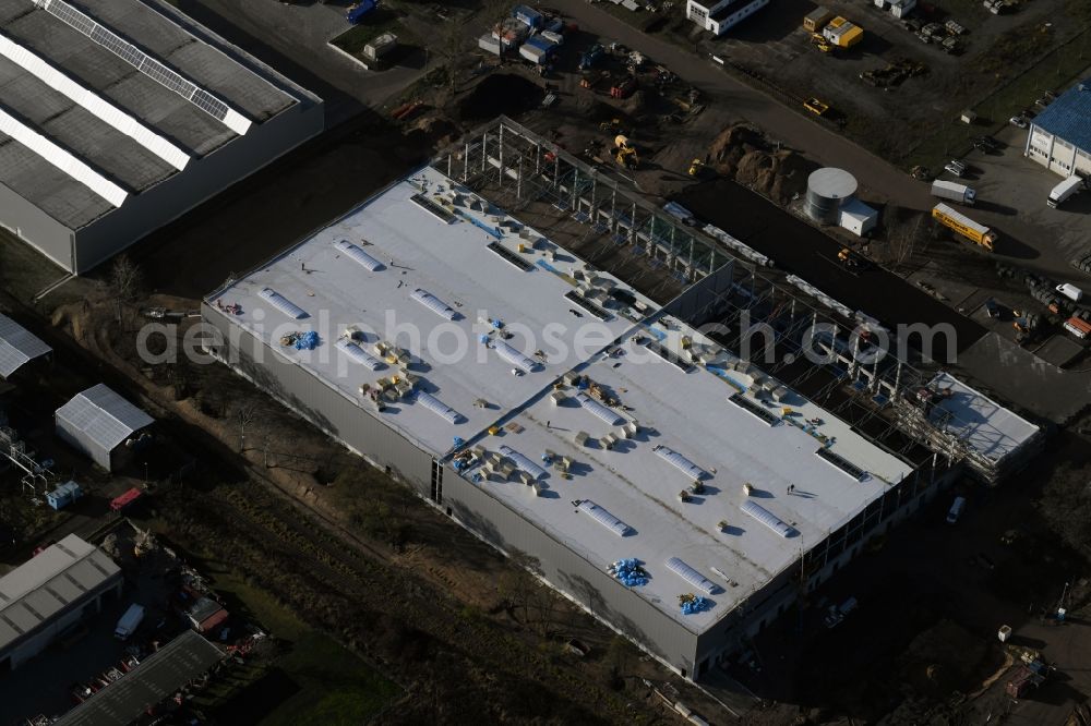 Aerial image Hoppegarten - Construction site to build a new building complex on the site of the logistics center of Rhenus Home Delivery GmbH in the district Dahlwitz-Hoppegarten in Hoppegarten in the state Brandenburg, Germany