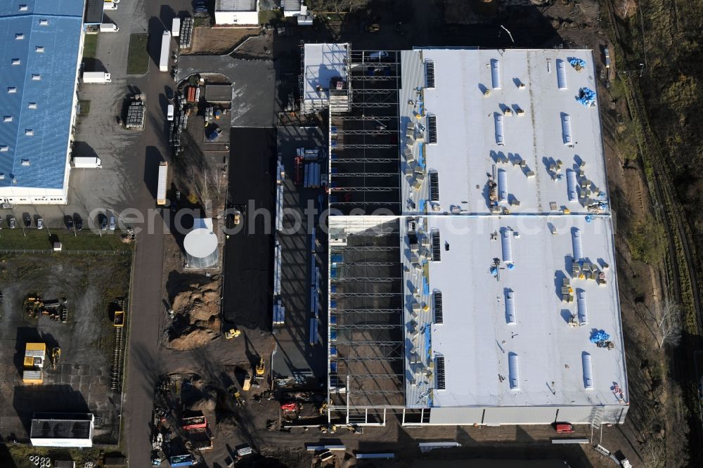 Hoppegarten from the bird's eye view: Construction site to build a new building complex on the site of the logistics center of Rhenus Home Delivery GmbH in the district Dahlwitz-Hoppegarten in Hoppegarten in the state Brandenburg, Germany