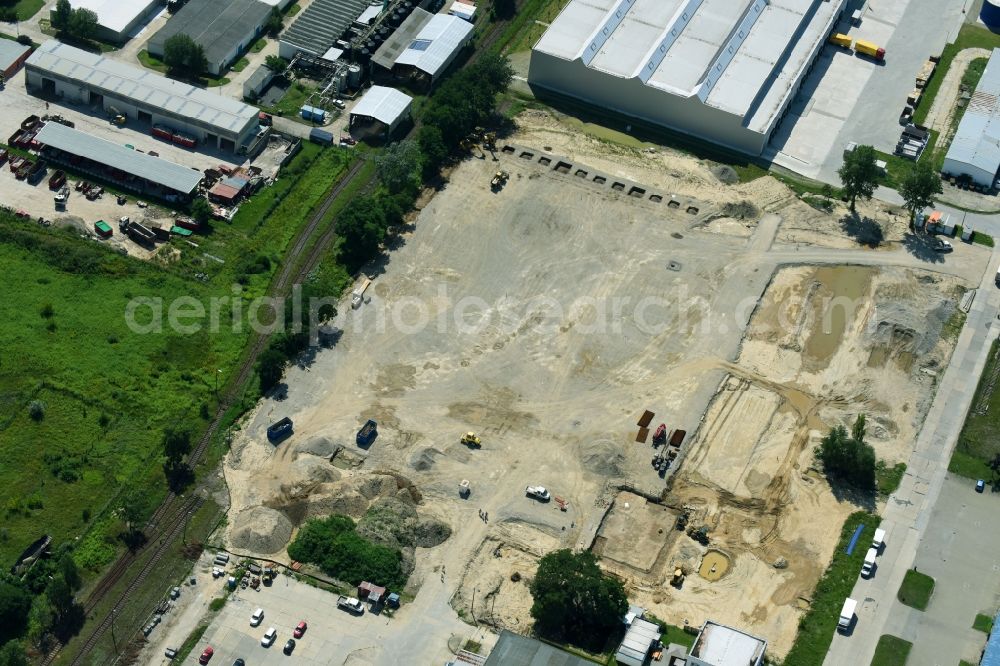 Aerial image Hoppegarten - Construction site to build a new building complex on the site of the logistics center of Rhenus Home Delivery GmbH in the district Dahlwitz-Hoppegarten in Hoppegarten in the state Brandenburg, Germany