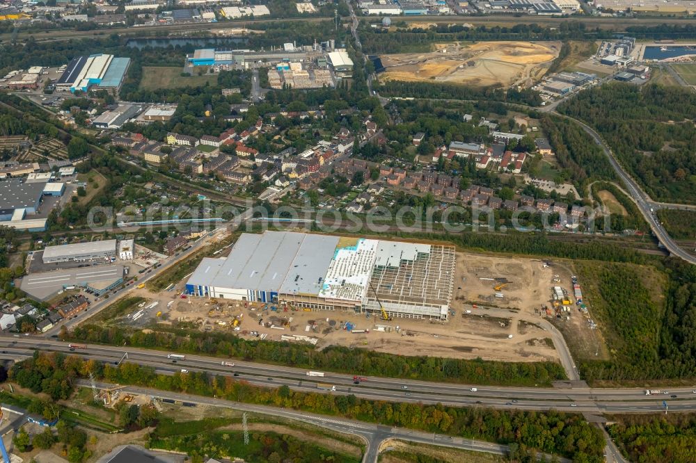 Gelsenkirchen from the bird's eye view: Construction site to build a new building complex on the site of the logistics center on Uechtingstrasse in front of motorway BAB A42 in Gelsenkirchen in the state North Rhine-Westphalia, Germany