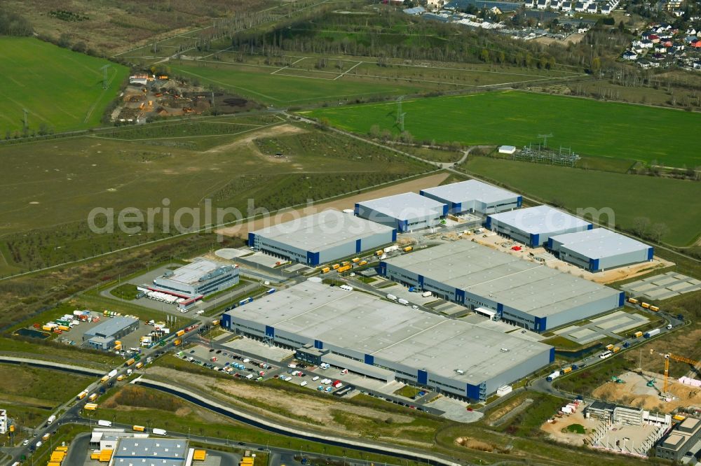 Schönefeld from the bird's eye view: Construction site to build a new building complex on the site of the logistics center of Verdion Airpark Berlin An den Gehren in the district Schoenefeld in Schoenefeld in the state Brandenburg, Germany