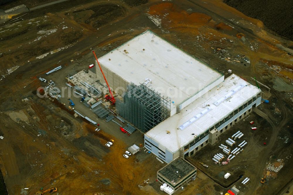 Oelsnitz/Vogtl. from above - Construction site to build a new building complex on the site of the logistics center of Wilhelm Boellhoff GmbH & Co. KG Am Alten Bahndonm in Oelsnitz/Vogtl. in the state Saxony, Germany