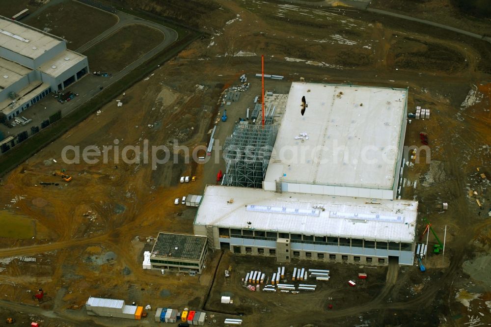 Oelsnitz/Vogtl. from the bird's eye view: Construction site to build a new building complex on the site of the logistics center of Wilhelm Boellhoff GmbH & Co. KG Am Alten Bahndonm in Oelsnitz/Vogtl. in the state Saxony, Germany