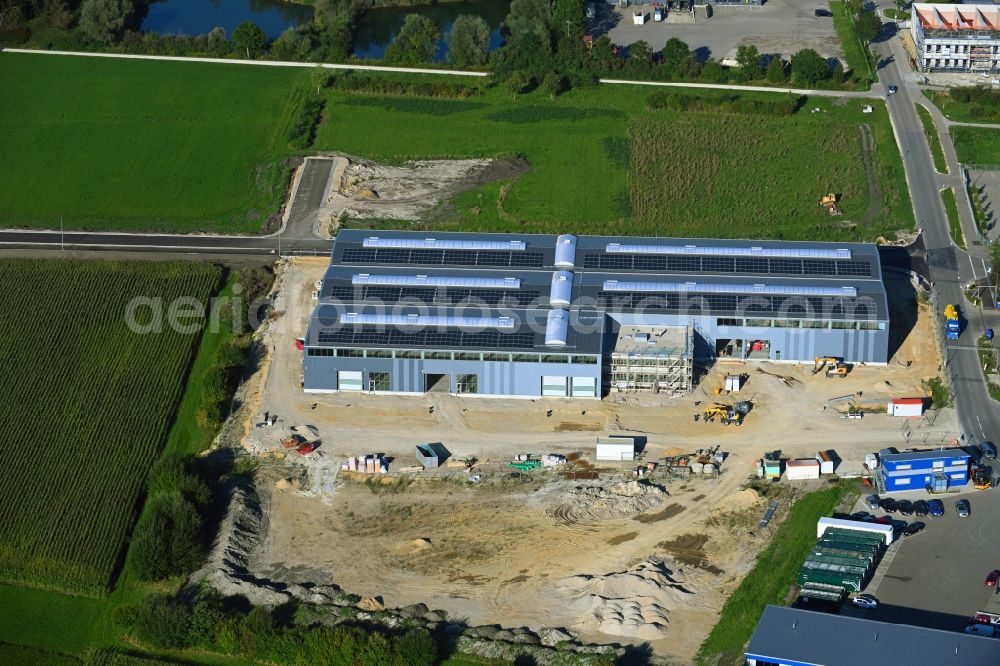 Derching from the bird's eye view: Construction site to build a new building complex on the site of the logistics center on Winterbruckenweg in Derching in the state Bavaria, Germany