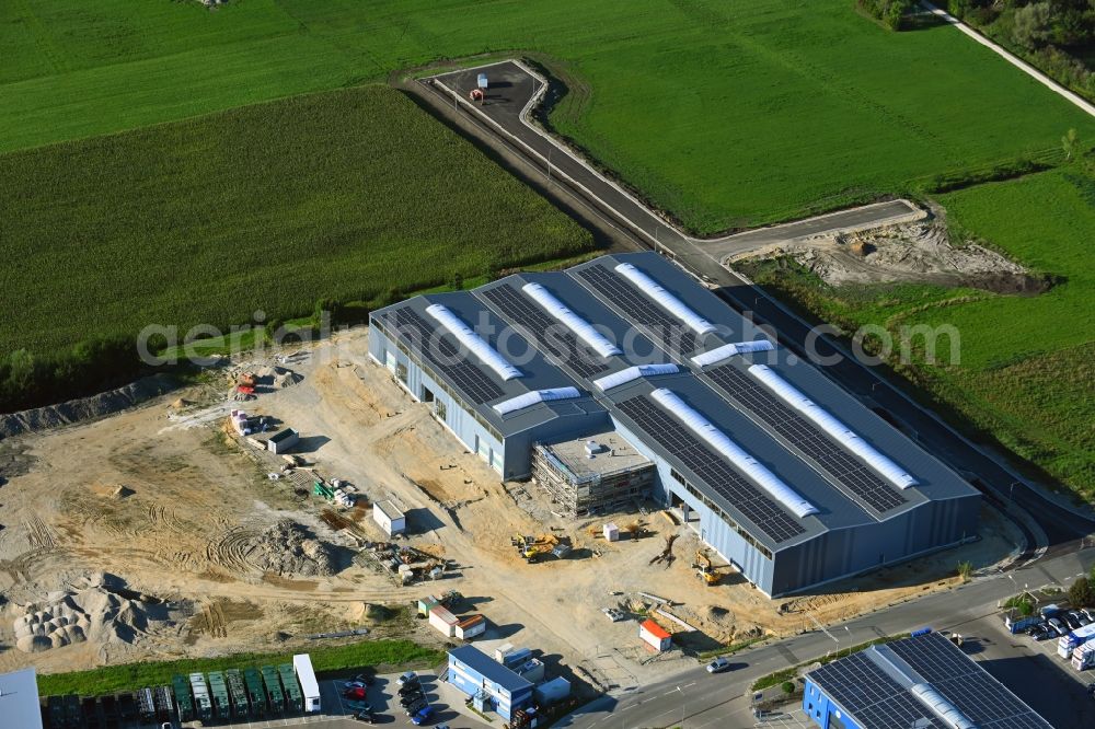 Derching from above - Construction site to build a new building complex on the site of the logistics center on Winterbruckenweg in Derching in the state Bavaria, Germany