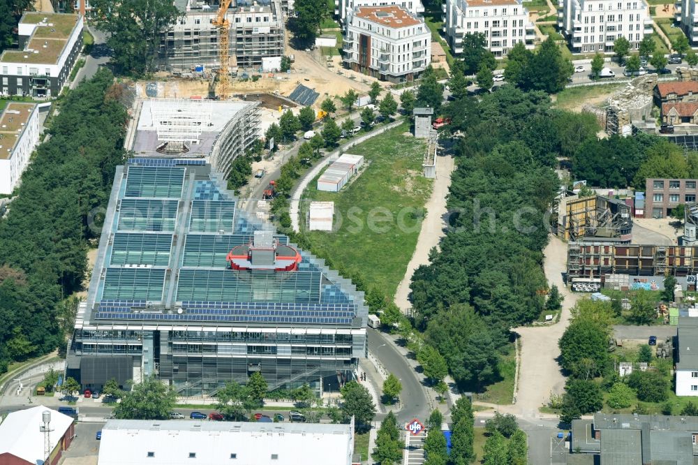 Potsdam from the bird's eye view: Construction of a building complex of university Filmuniversitaet Babelsberg KONRAD WOLF on Marlene-Dietrich-Allee in the district Babelsberg in Potsdam in the state Brandenburg, Germany