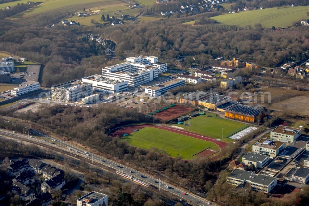 Bochum from above - Construction of a building complex of the university Hochschule fuer Gesundheit on the Gesundheitscampus in Bochum in the state North Rhine-Westphalia, Germany