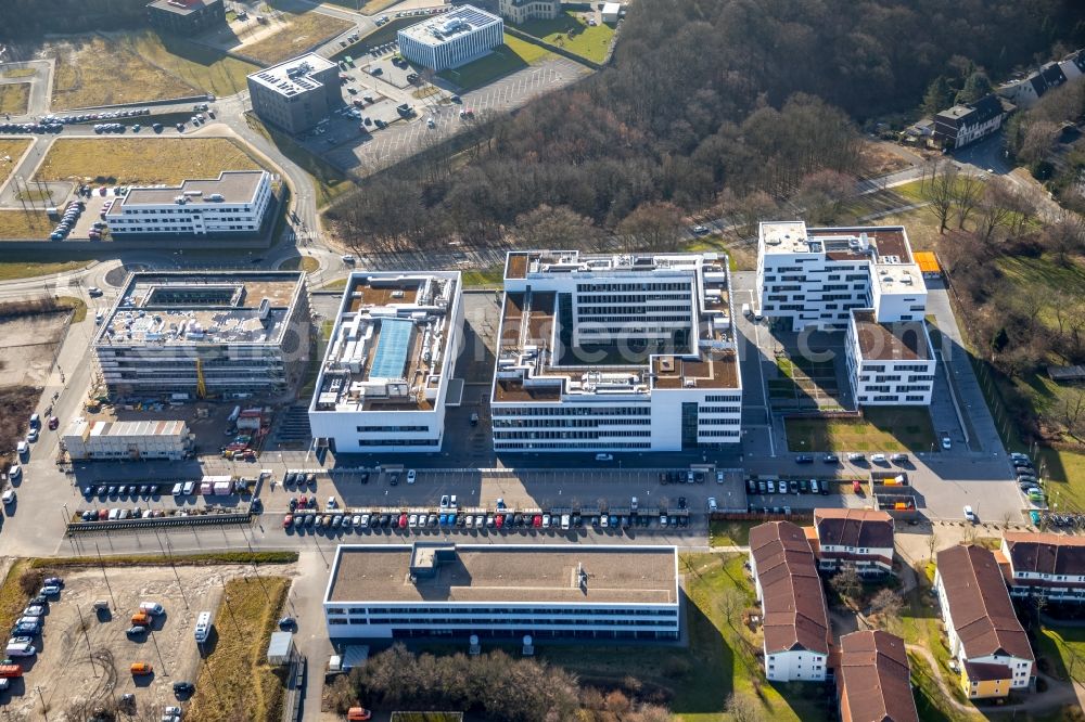 Bochum from above - Construction of a building complex of the university Hochschule fuer Gesundheit on the Gesundheitscampus in Bochum in the state North Rhine-Westphalia, Germany