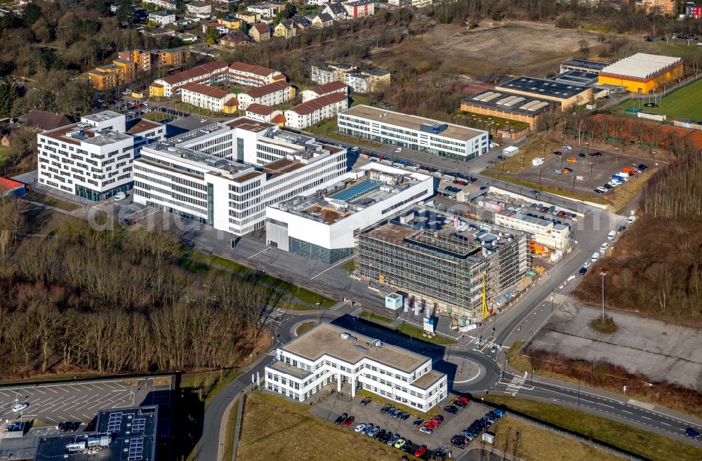 Bochum from the bird's eye view: Construction of a building complex of the university Hochschule fuer Gesundheit on the Gesundheitscampus in Bochum in the state North Rhine-Westphalia, Germany