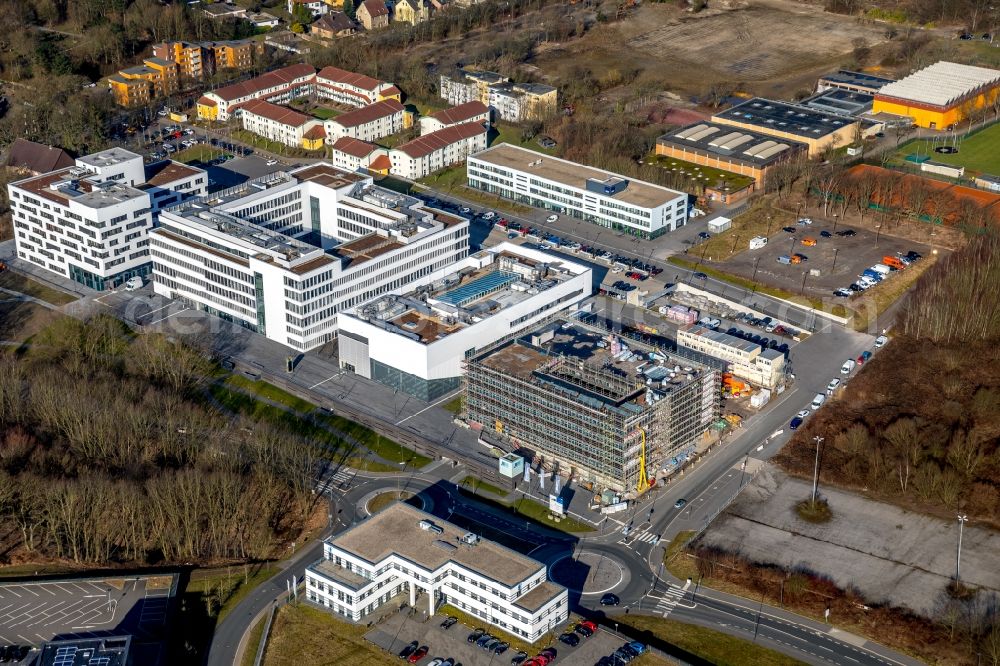 Aerial image Bochum - Construction of a building complex of the university Hochschule fuer Gesundheit on the Gesundheitscampus in Bochum in the state North Rhine-Westphalia, Germany