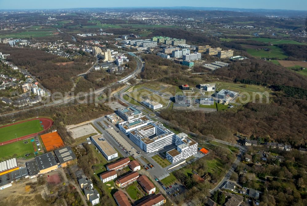 Aerial photograph Bochum - Construction of a building complex of the university Hochschule fuer Gesundheit on the Gesundheitscampus in Bochum in the state North Rhine-Westphalia, Germany