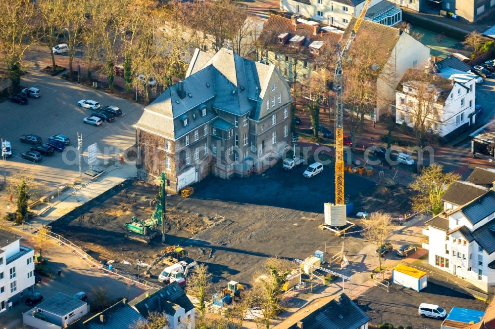 Holzwickede from above - Construction site of Town Hall building of the city administration als Erweiterungsbau Am Markt - Poststrasse in the district Brackel in Holzwickede in the state North Rhine-Westphalia, Germany