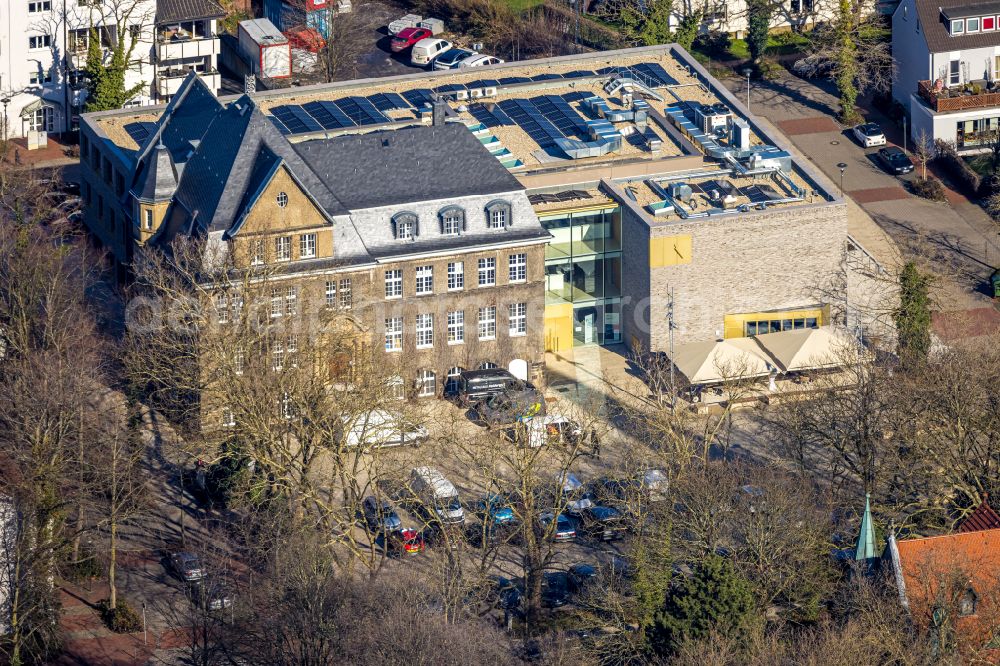 Holzwickede from above - Construction site of Town Hall building of the city administration als Erweiterungsbau Am Markt - Poststrasse in the district Brackel in Holzwickede in the state North Rhine-Westphalia, Germany