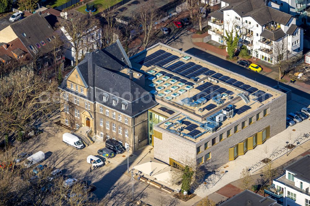 Aerial photograph Holzwickede - Construction site of Town Hall building of the city administration als Erweiterungsbau Am Markt - Poststrasse in the district Brackel in Holzwickede in the state North Rhine-Westphalia, Germany