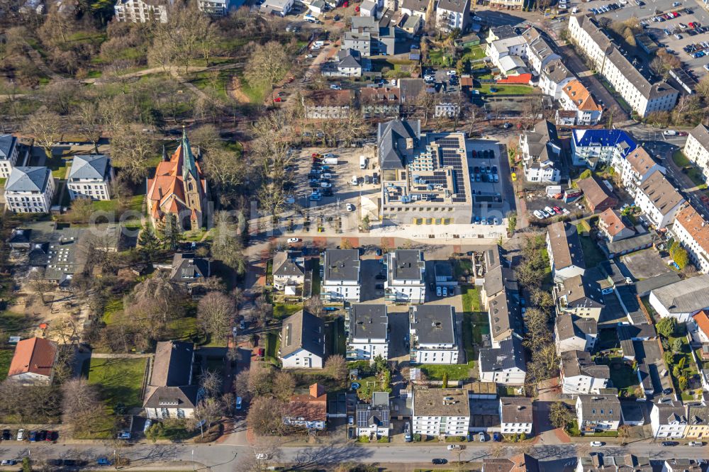 Holzwickede from the bird's eye view: Construction site of Town Hall building of the city administration als Erweiterungsbau Am Markt - Poststrasse in the district Brackel in Holzwickede in the state North Rhine-Westphalia, Germany