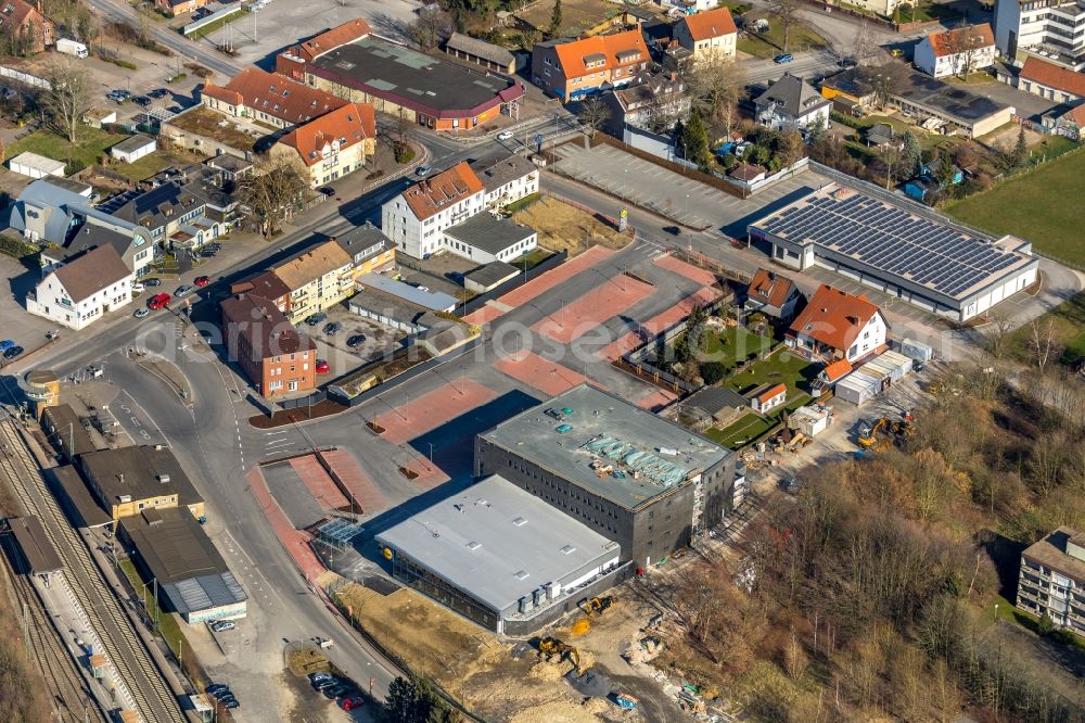 Bönen from above - Construction site of Town Hall building of the city administration at the train station in Boenen in the state North Rhine-Westphalia, Germany