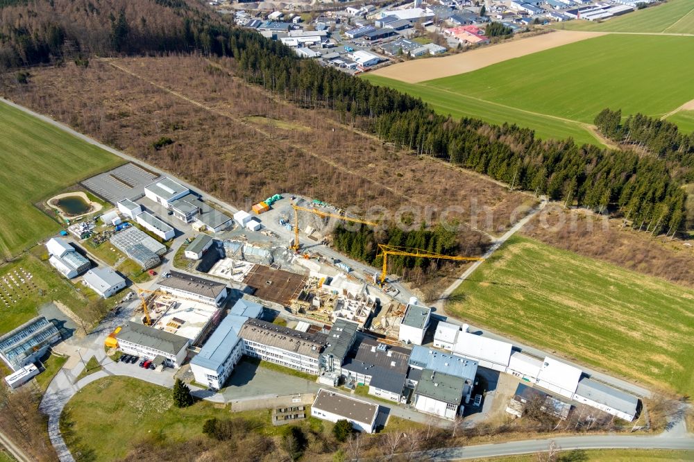 Schmallenberg from above - Construction site for the new building on Gelaende of Fraunhofer-Institut fuer Molekularbiologie and Angewondte Oekologie in Schmallenberg in the state North Rhine-Westphalia, Germany