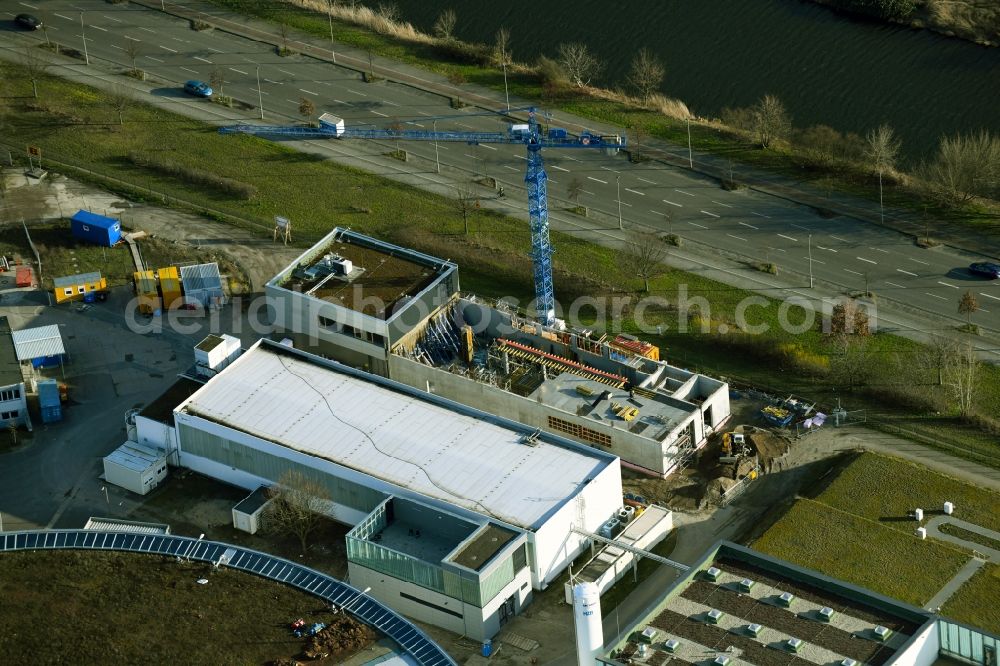 Aerial photograph Berlin - Construction site for the new building at the premises of the Helmholtz-Zentrum Berlin fuer Materialien and Energie on Ernst-Ruska-Ufer in the district Adlershof in Berlin, Germany