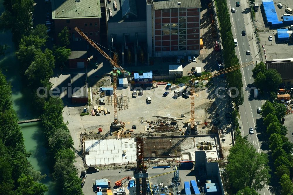 München from above - Construction site for the new building on Gelaende of Kraftwerksanlagen of Heizkraftwerkes Sued on Schaeftlarnstrasse in the district Ludwigsvorstadt-Isarvorstadt in Munich in the state Bavaria, Germany