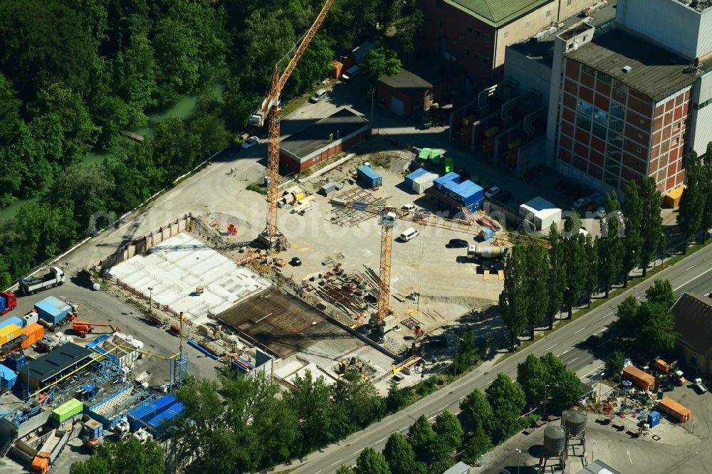 München from the bird's eye view: Construction site for the new building on Gelaende of Kraftwerksanlagen of Heizkraftwerkes Sued on Schaeftlarnstrasse in the district Ludwigsvorstadt-Isarvorstadt in Munich in the state Bavaria, Germany