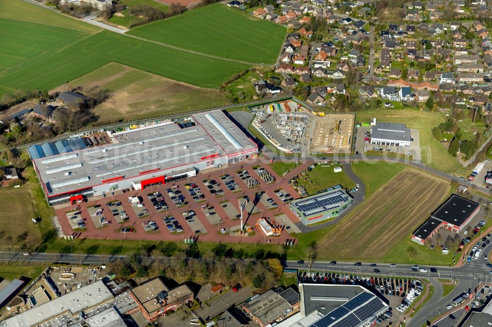 Wesel from the bird's eye view: Construction site for the new building on Gelaende of Stewes Baustoffhandel Wesel on Robert-Bosch-Strasse in Wesel in the state North Rhine-Westphalia, Germany