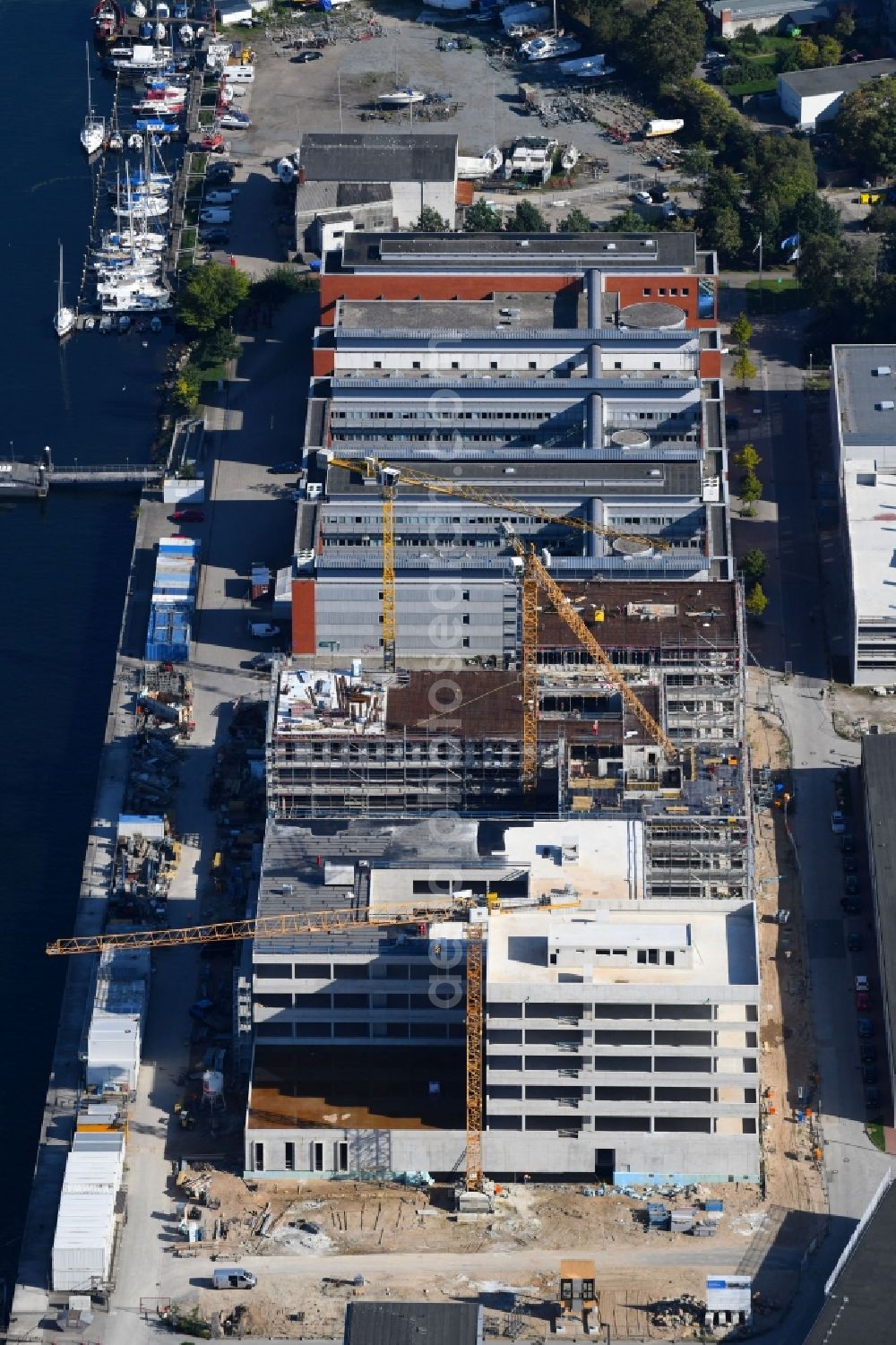 Kiel from the bird's eye view: Construction site for the new building of GEOMAR Helmholtz-Zentrum fuer Ozeanforschung Kiel on Wischhofstrasse in Kiel in the state Schleswig-Holstein, Germany