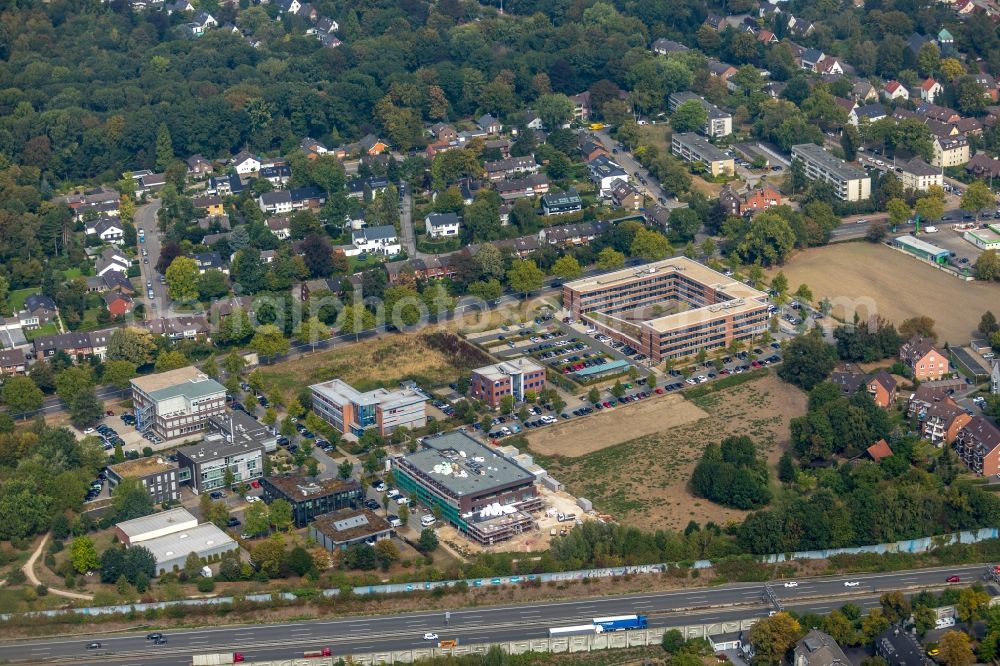 Gelsenkirchen from above - Construction site for a health center and medical center of Janssen Grundstuecksgesellschaft mbH on Ludwig-Erhard-Strasse in Gelsenkirchen in the state North Rhine-Westphalia, Germany