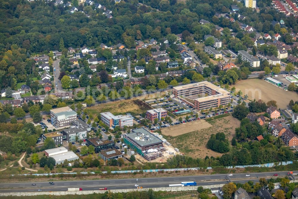 Gelsenkirchen from the bird's eye view: Construction site for a health center and medical center of Janssen Grundstuecksgesellschaft mbH on Ludwig-Erhard-Strasse in Gelsenkirchen in the state North Rhine-Westphalia, Germany