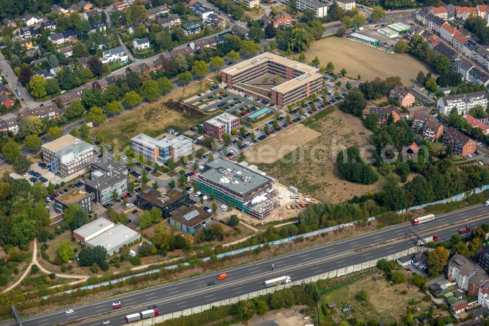 Gelsenkirchen from the bird's eye view: Construction site for a health center and medical center of Janssen Grundstuecksgesellschaft mbH on Ludwig-Erhard-Strasse in Gelsenkirchen in the state North Rhine-Westphalia, Germany