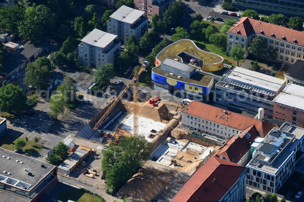 Dresden from the bird's eye view: Construction site for a health center and medical center Nationales Centrum fuer Tumorerkrankungen on Mildred-Scheel-Strasse in the district Altstadt in Dresden in the state Saxony, Germany