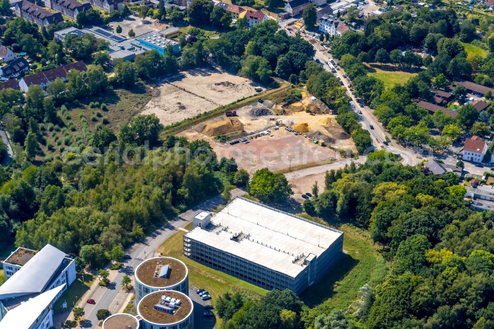 Aerial image Wullen - Construction site for the new construction of a health center and medical center on Pferdebachstrasse - Alfred-Herrhausen-Strasse in Wullen in the Ruhr area in the state of North Rhine-Westphalia, Germany