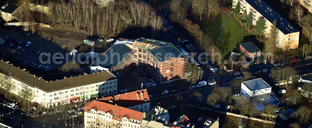 Berlin Köpenick from above - Construction site to build a new health center at the street corner Mahlsdorfer Kaulsdorfer street in Berlin - Köpenick