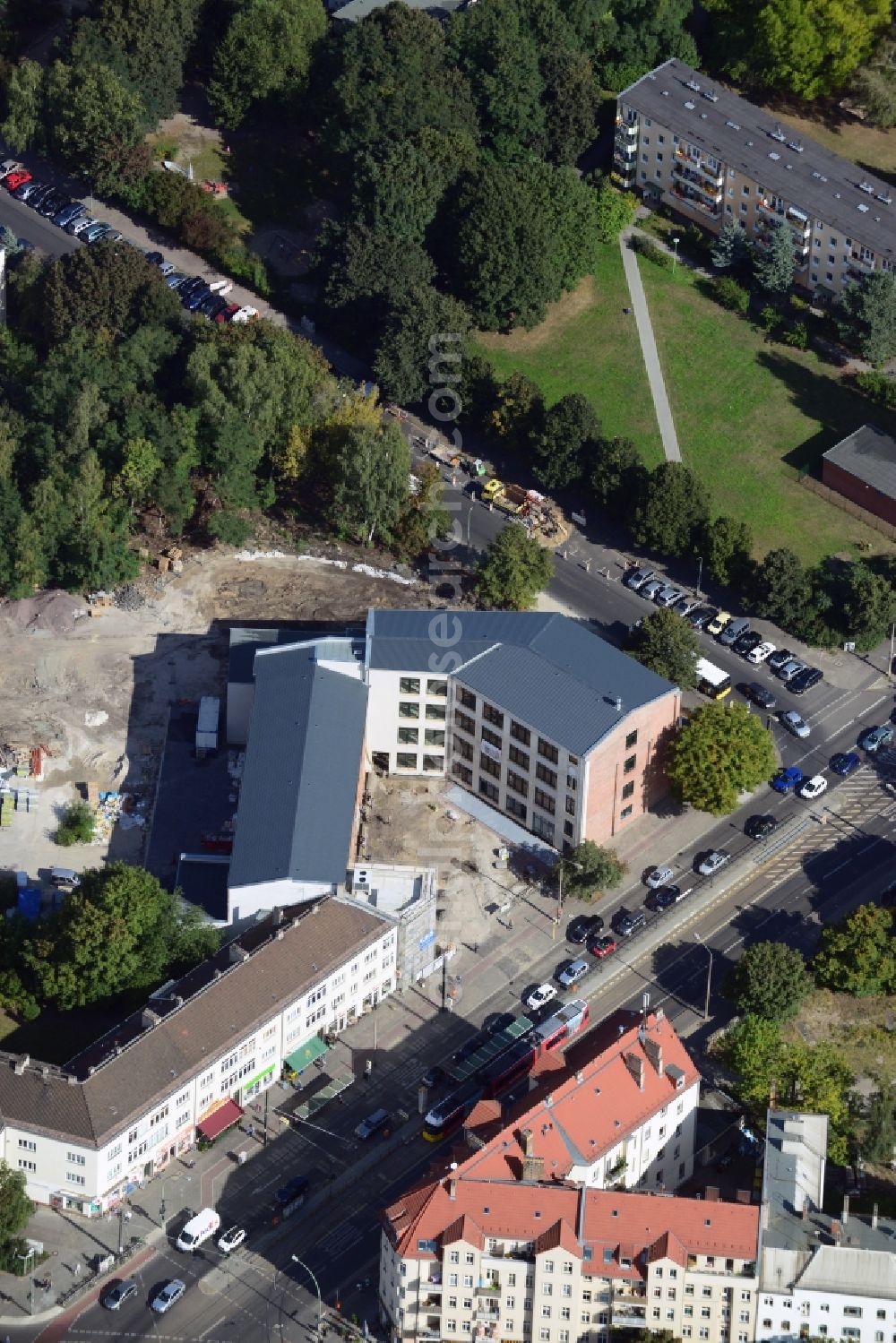 Berlin Köpenick from above - Construction site to build a new health center at the street corner Mahlsdorfer Kaulsdorfer street in Berlin - Köpenick