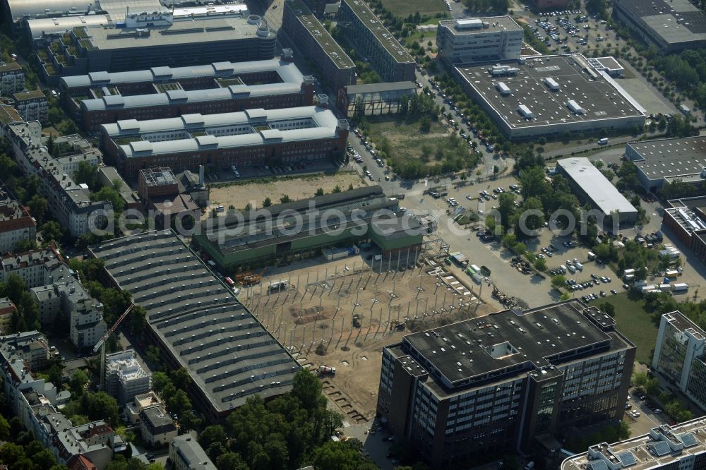 Berlin from the bird's eye view: Construction site for the new building of the Gewerbe- und Logstikpark Dock 100 of the BEOS AG in Berlin in Germany