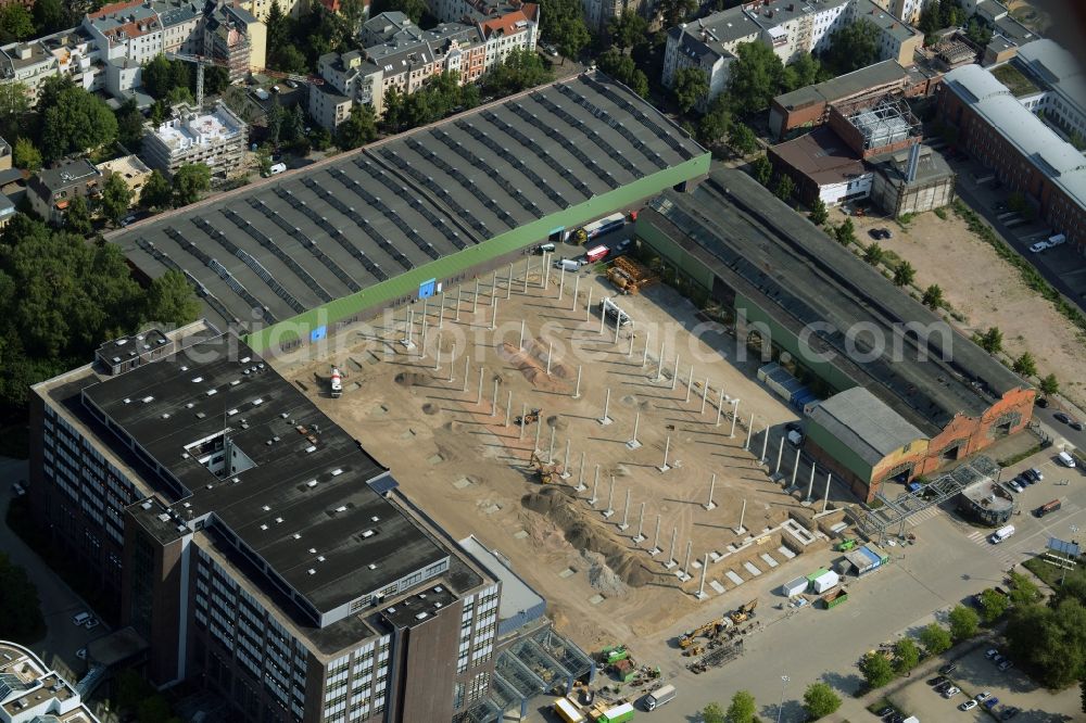 Aerial photograph Berlin - Construction site for the new building of the Gewerbe- und Logstikpark Dock 100 of the BEOS AG in Berlin in Germany