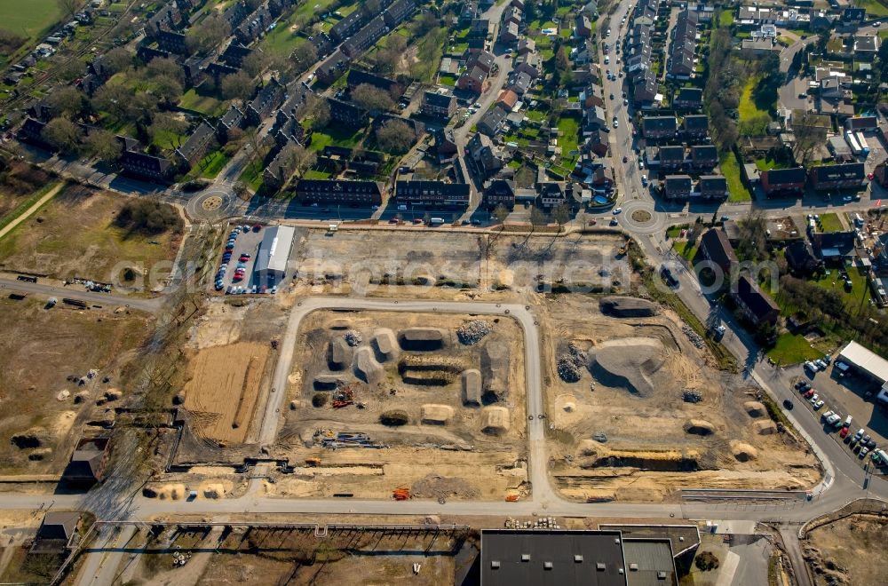 Neukirchen-Vluyn from above - Construction site of a new commercial area on site of the former coal mine Niederberg in the South of Fritz-Baum-Allee in Neukirchen-Vluyn in the state of North Rhine-Westphalia