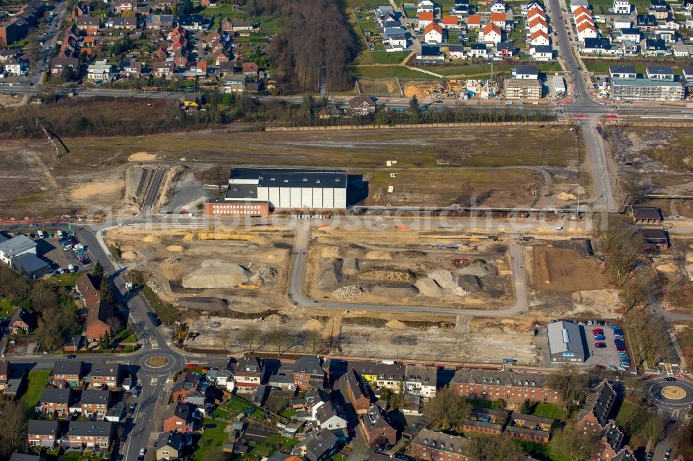 Neukirchen-Vluyn from the bird's eye view: Construction site of a new commercial area on site of the former coal mine Niederberg in the South of Fritz-Baum-Allee in Neukirchen-Vluyn in the state of North Rhine-Westphalia