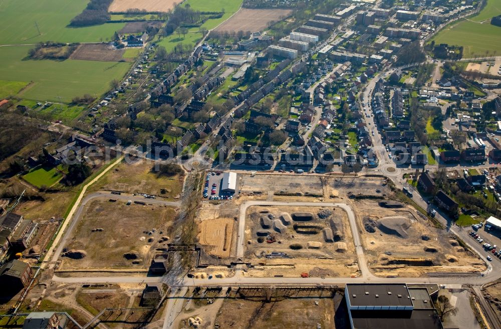 Aerial photograph Neukirchen-Vluyn - Construction site of a new commercial area on site of the former coal mine Niederberg in the South of Fritz-Baum-Allee in Neukirchen-Vluyn in the state of North Rhine-Westphalia