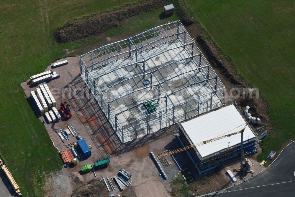 Schopfheim from the bird's eye view: Construction site for a new business hall in steel-girder construction in Schopfheim in the state Baden-Wurttemberg, Germany