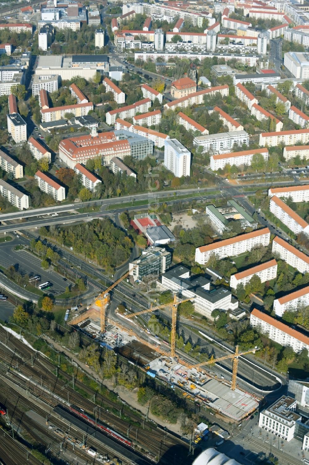 Dresden from the bird's eye view: Construction site for the new building a major project with a hotel, a shopping mall and an office building on Ammonstrasse in Dresden in the state Saxony, Germany